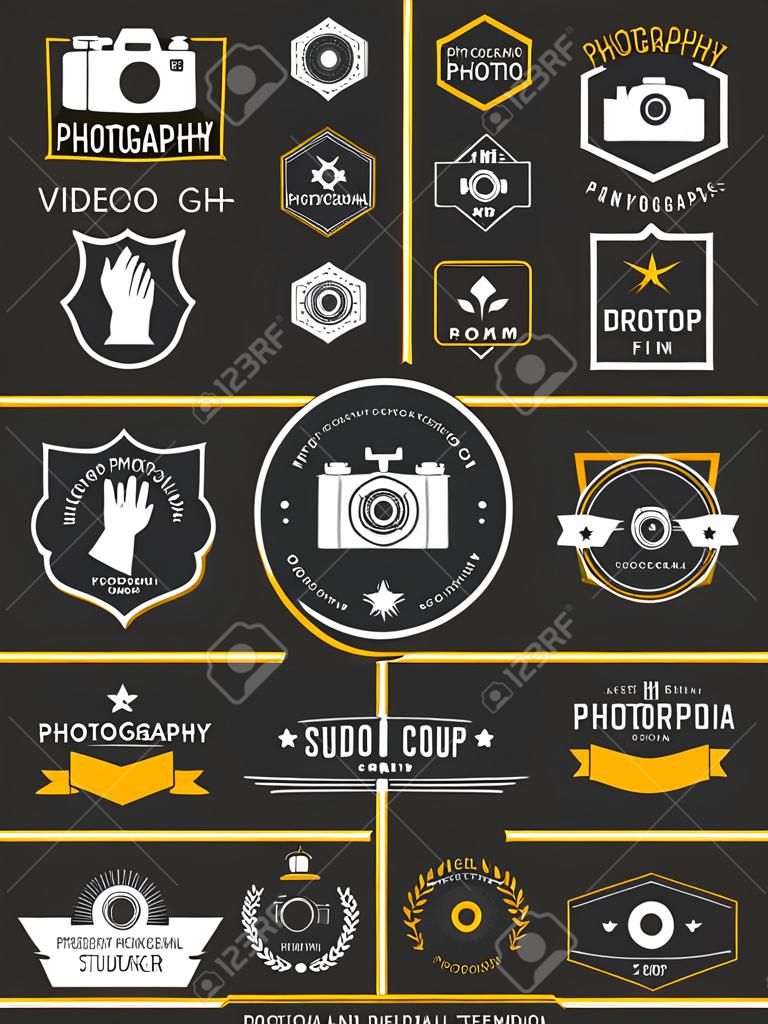 Vector collection of photography and videography logo templates. Photocam, wedding and aerial footage logotypes. Photography vintage badges and icons. Modern mass media icons. Photo labels.