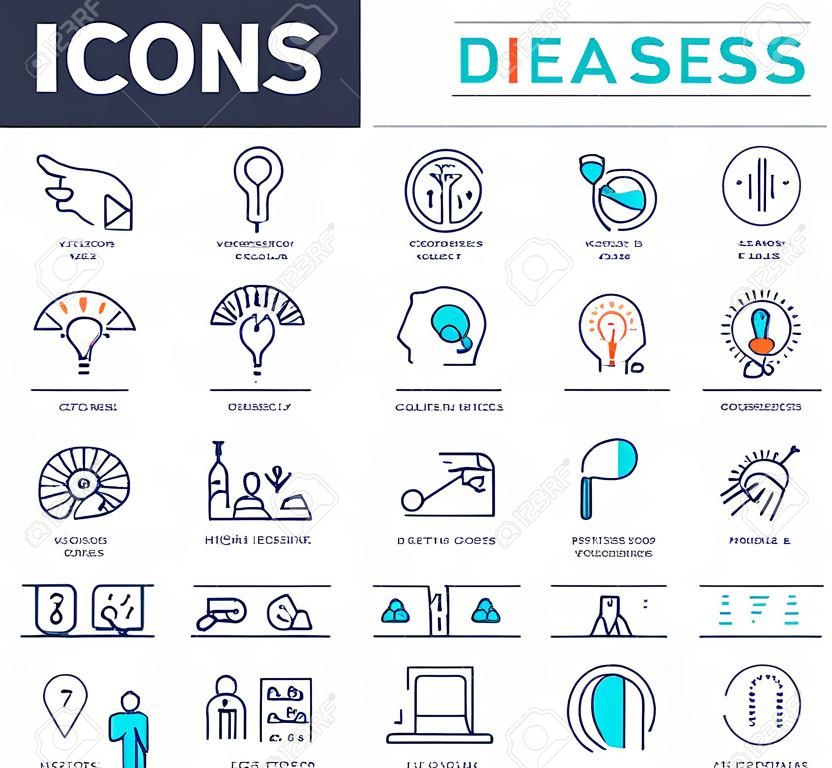 Set vector line icons, sign and symbols in flat design diseases with elements for mobile concepts and web apps. Collection modern infographic logo and pictogram.