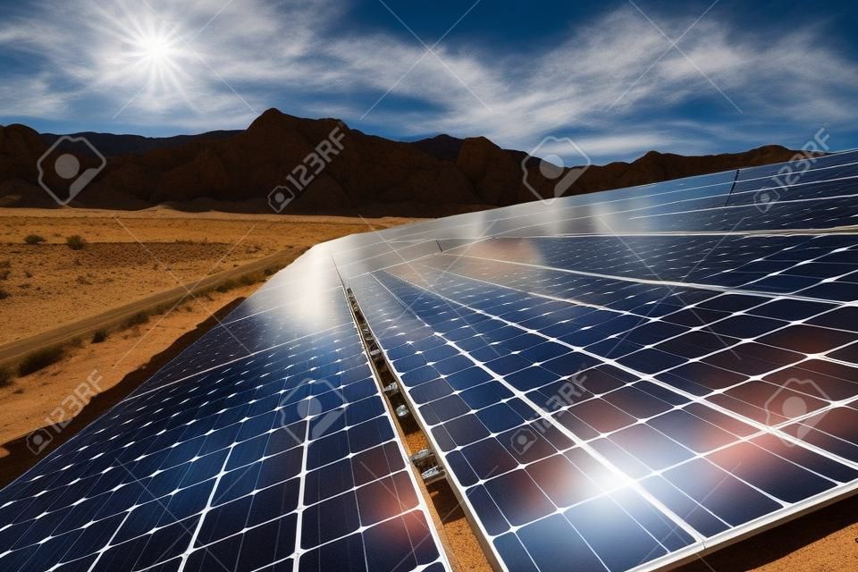 View of solar panels in the Mojave Desert.