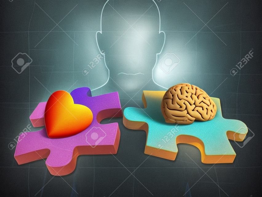 Menselijk figuur op de achtergrond, met een hart en een brein op twee bijpassende puzzelstukken. Digitale illustratie.