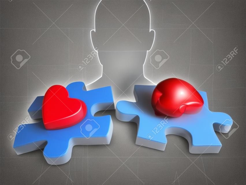 Figura humana no fundo, com um coração e um cérebro em duas peças de quebra-cabeça correspondentes. Ilustração digital.