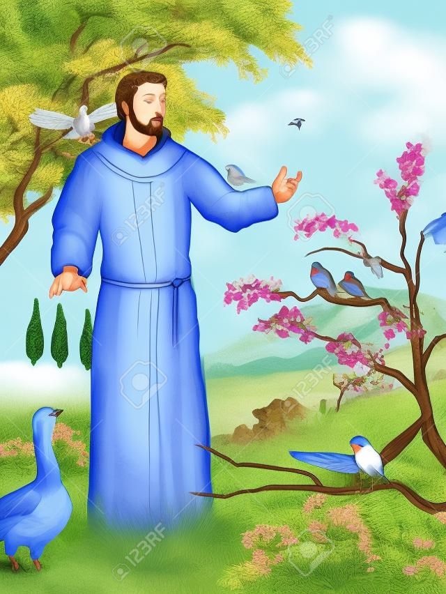 Szent Ferenc prédikál a madaraknak egy gyönyörű táj. Digitális illusztráció.
