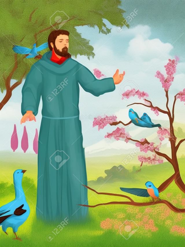 Heiliger Franziskus predigt den Vögeln in einer wunderschönen Landschaft. Digitale Illustration.