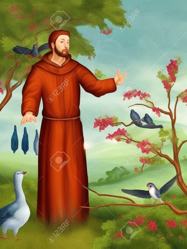 Szent Ferenc prédikál a madaraknak egy gyönyörű táj. Digitális illusztráció.