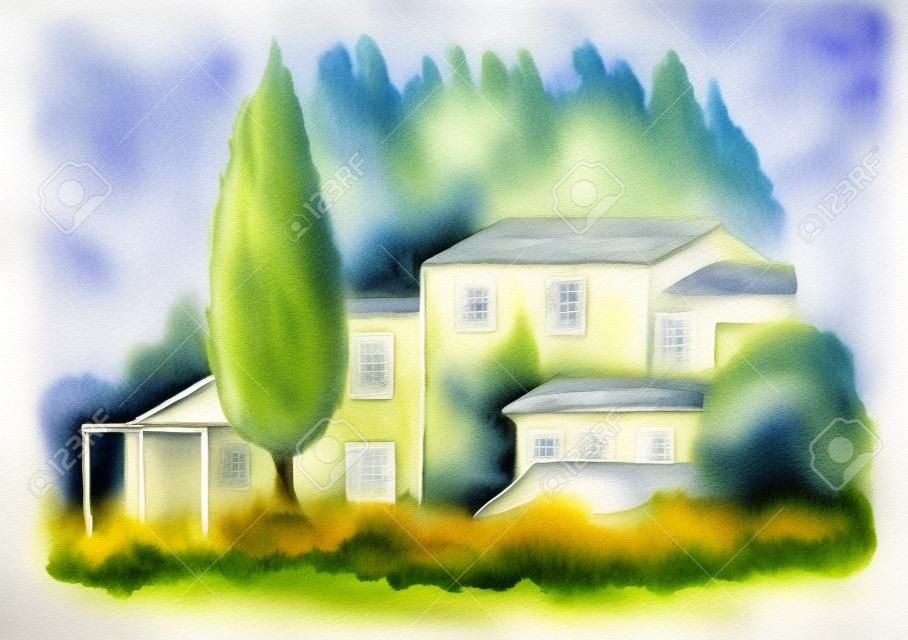Paisagem rural com uma casa de campo e algumas árvores. aquarela original.