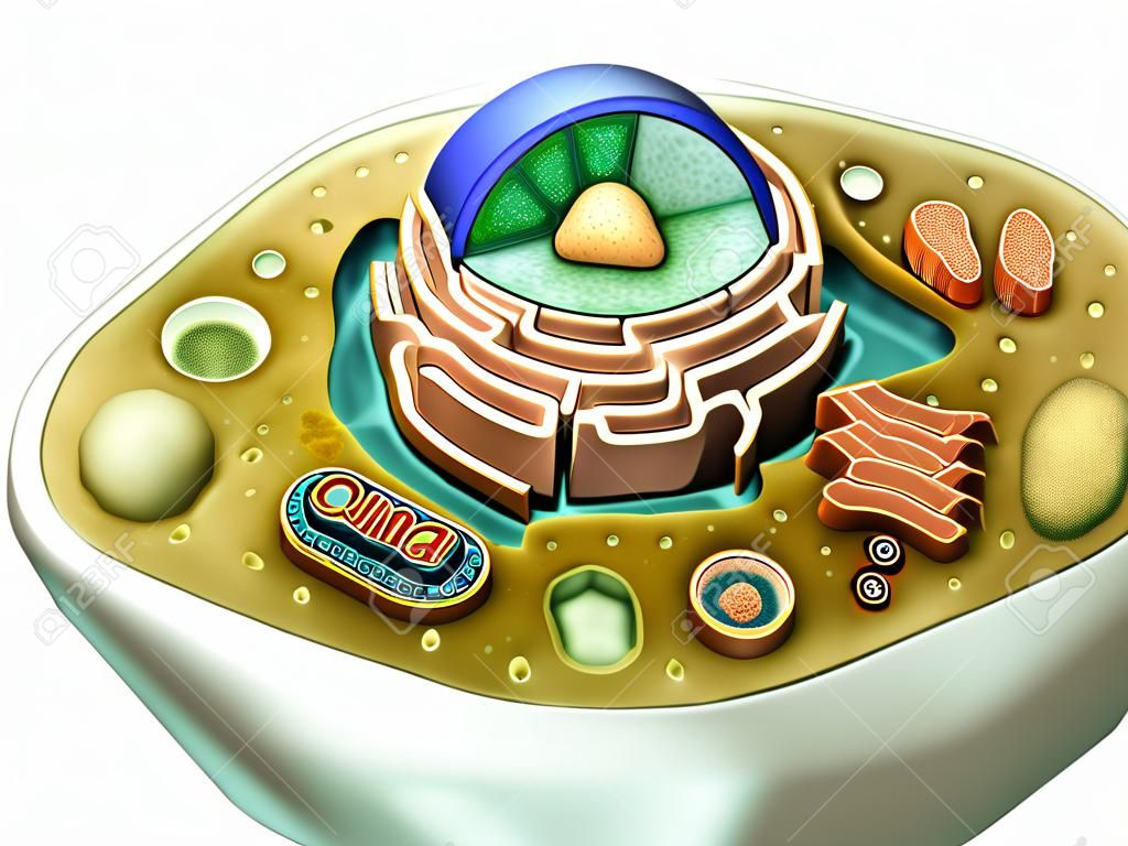Estrutura interna de uma célula animal. Ilustração digital. Caminho de recorte incluído.