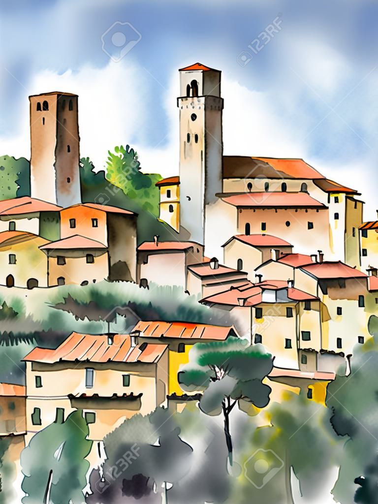 pittura ad acquerello originale raffigurante San Gimignano in Toscana, Italia.