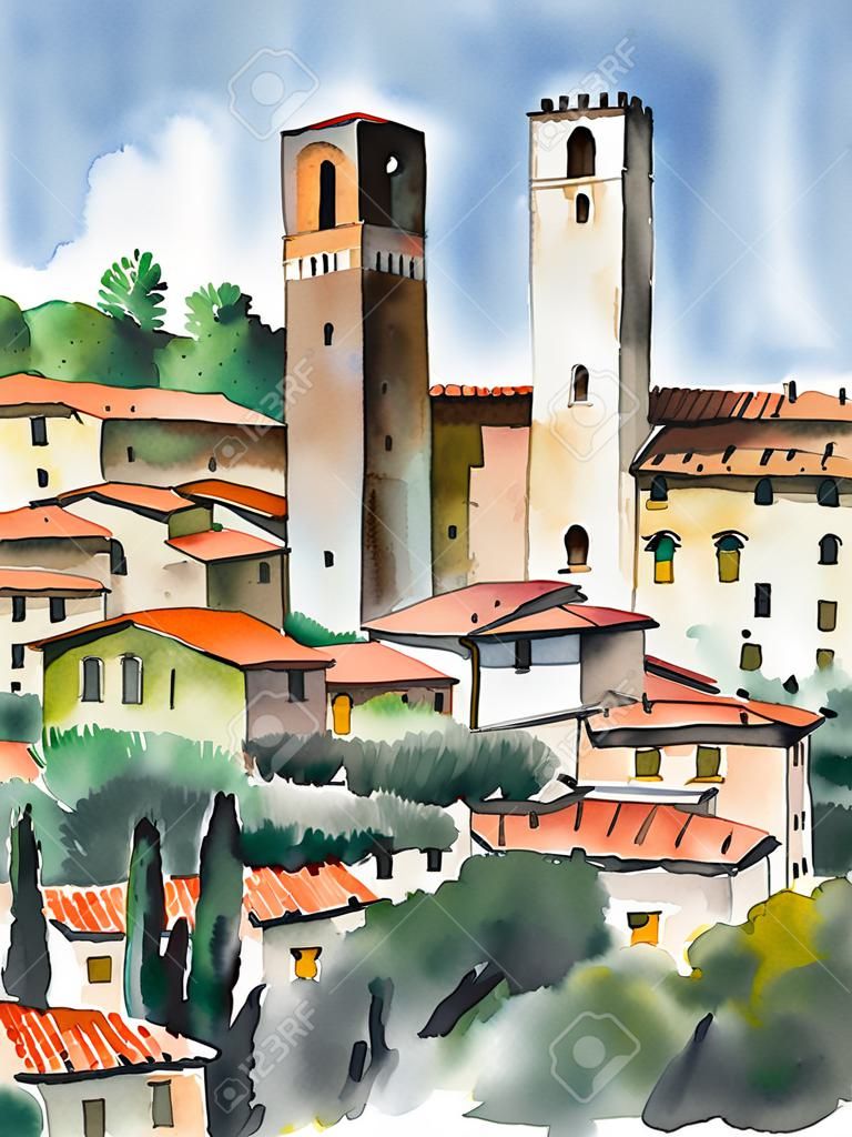 Ursprüngliche Aquarellmalerei zeigt San Gimignano in der Toskana, Italien.