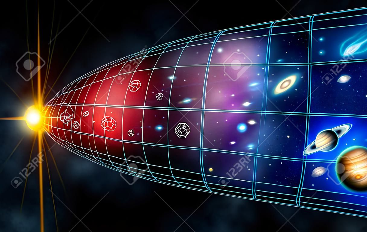 Die Expansion des Universums vom Urknall bis zur Gegenwart. Digitale Illustration.
