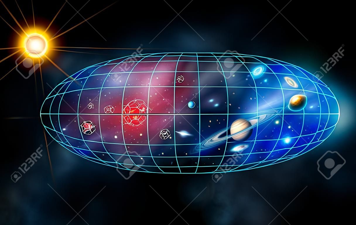 Расширение Вселенной от Большого взрыва до наших дней. Цифровые иллюстрации.
