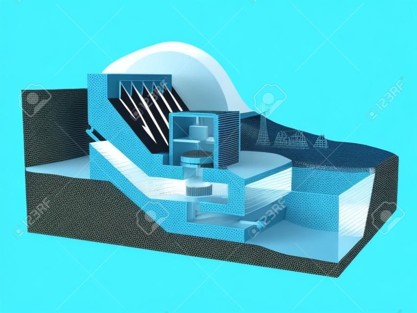 Diagrama da usina hidrelétrica. Ilustração 3D.