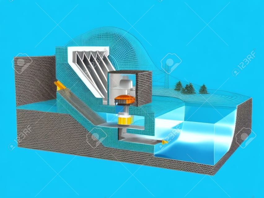 Diagrama da usina hidrelétrica. Ilustração 3D.