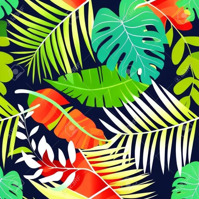 ジャングル植物と明るい熱帯の背景。ヤシの葉を持つベクトルエキゾチックなパターン。