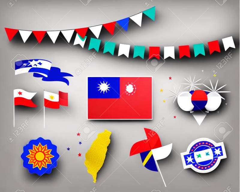 Nationale vakantie. Onafhankelijkheidsdag Taiwan set van vector design elementen, Made in Taiwan. Kaart, vlaggen, linten, draaitafels, stopcontacten. Vector symboliek, ingesteld voor uw info graphics. 10 oktober