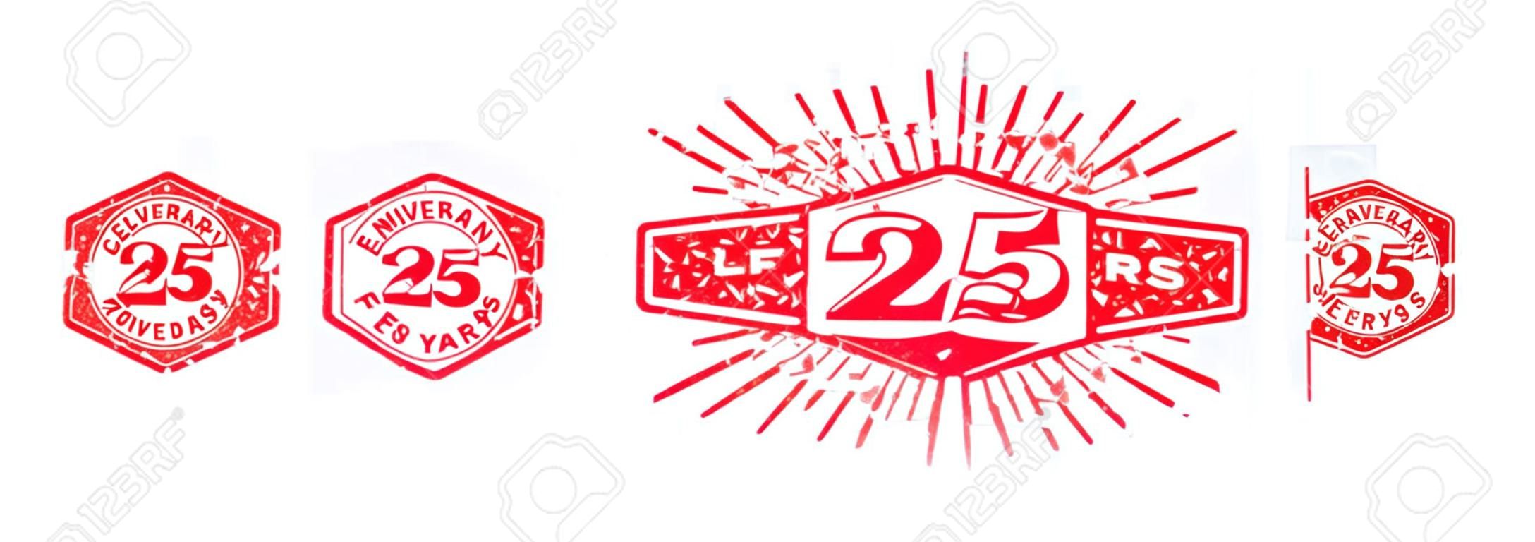 A group of 25 years anniversary logos drawn in the form of stamps, red frames for celebration. Grunge rubber stamp texture. Distressed texture stamp. Collection of postage stamps. Vector round stamps