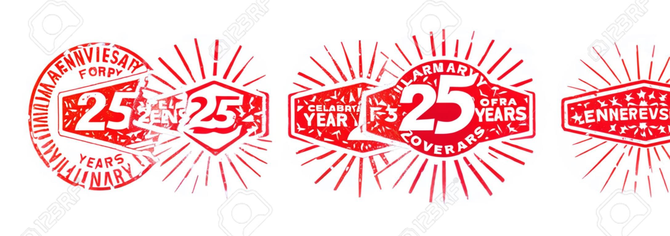 A group of 25 years anniversary logos drawn in the form of stamps, red frames for celebration. Grunge rubber stamp texture. Distressed texture stamp. Collection of postage stamps. Vector round stamps