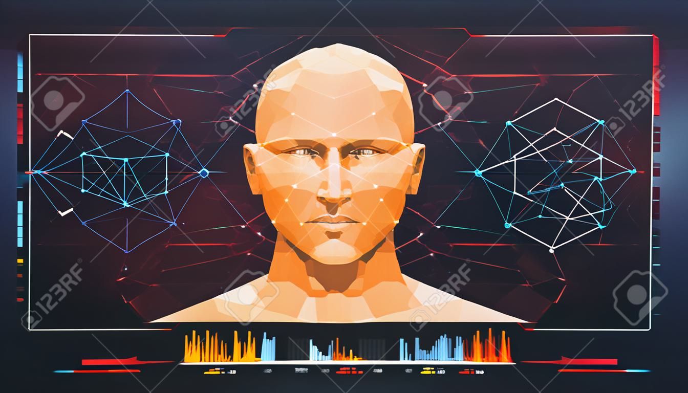 Conceito de digitalização de rosto. Tecnologia biométrica do reconhecimento facial exato e conceito da inteligência artificial. Interface HUD de detecção de rosto.