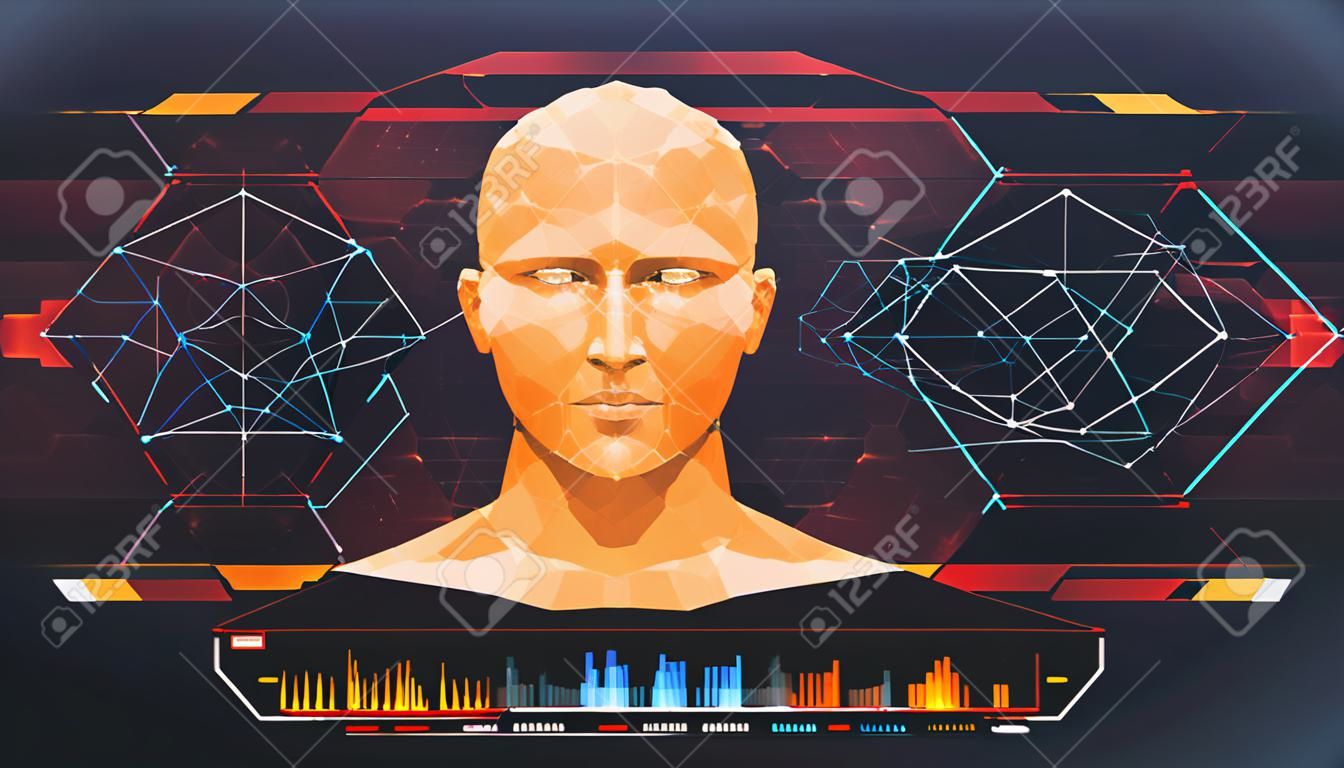 Konzept der Gesichtserkennung. Genaue Gesichtserkennung, biometrische Technologie und Konzept der künstlichen Intelligenz. HUD-Oberfläche zur Gesichtserkennung.