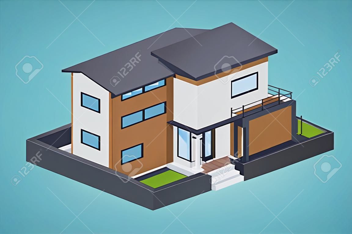 Kortárs amerikai ház ellen, a kék háttér. 3D lowpoly izometrikus vektoros illusztráció