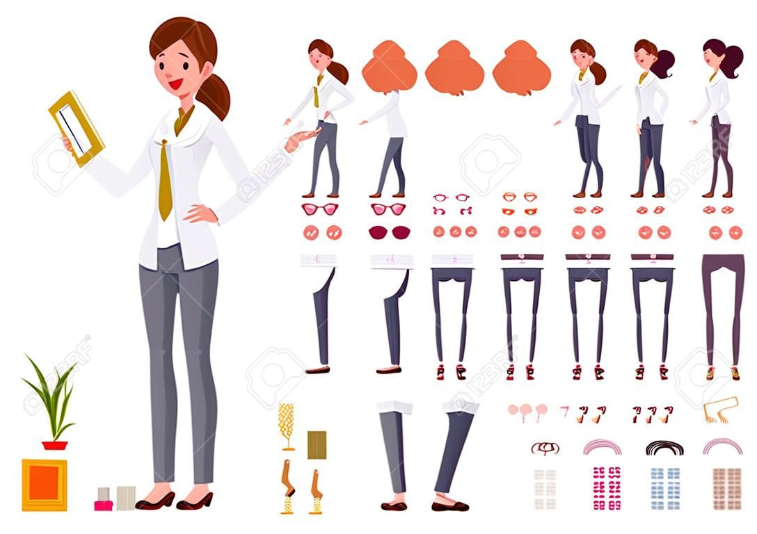 여성 점원 문자 만들기 설정합니다. 자신의 디자인을 구축하십시오. 만화 벡터 플랫 스타일 infographic 그림