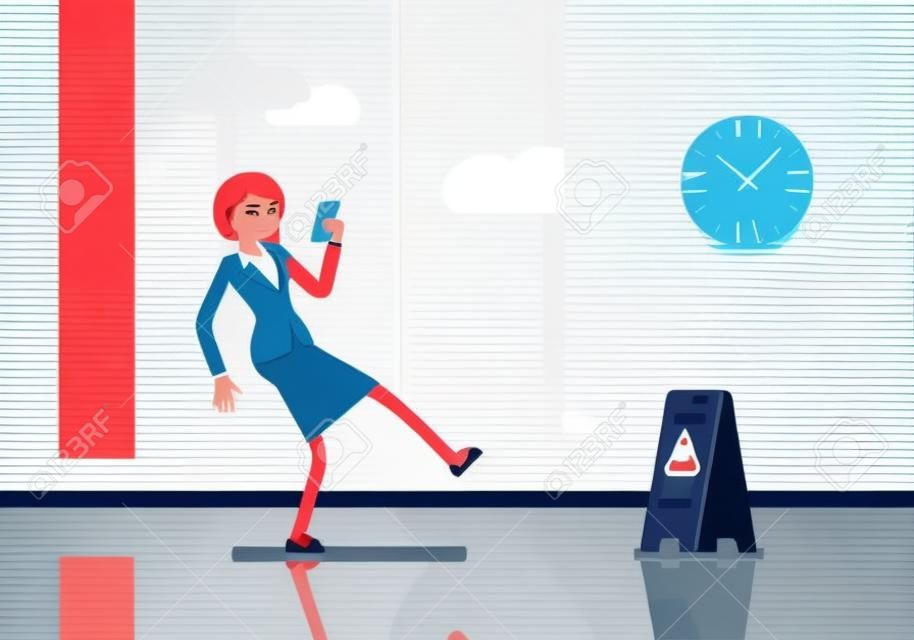 Femme avec un smartphone glisse sur le sol mouillé. Illustration de concept de vecteur plat style dessin animé