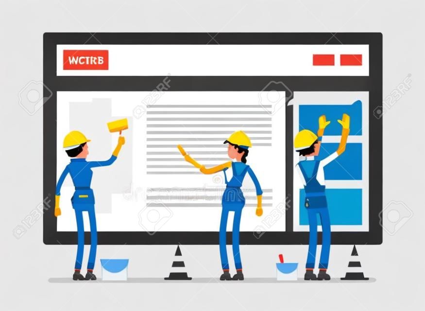 Website under construction. Workers in uniform recovering web site with error message connection, file is not found information. Vector flat style cartoon illustration isolated on white background