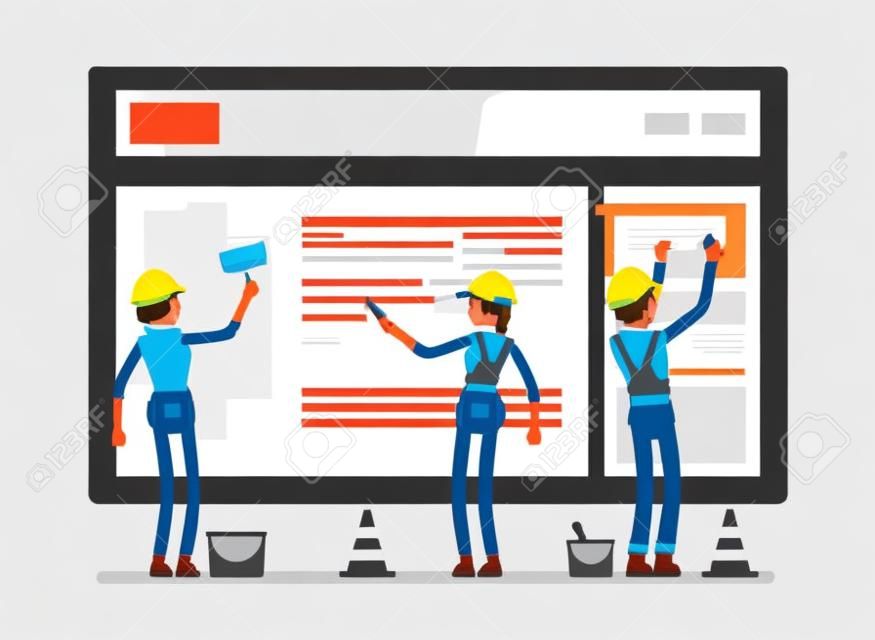Website under construction. Workers in uniform recovering web site with error message connection, file is not found information. Vector flat style cartoon illustration isolated on white background