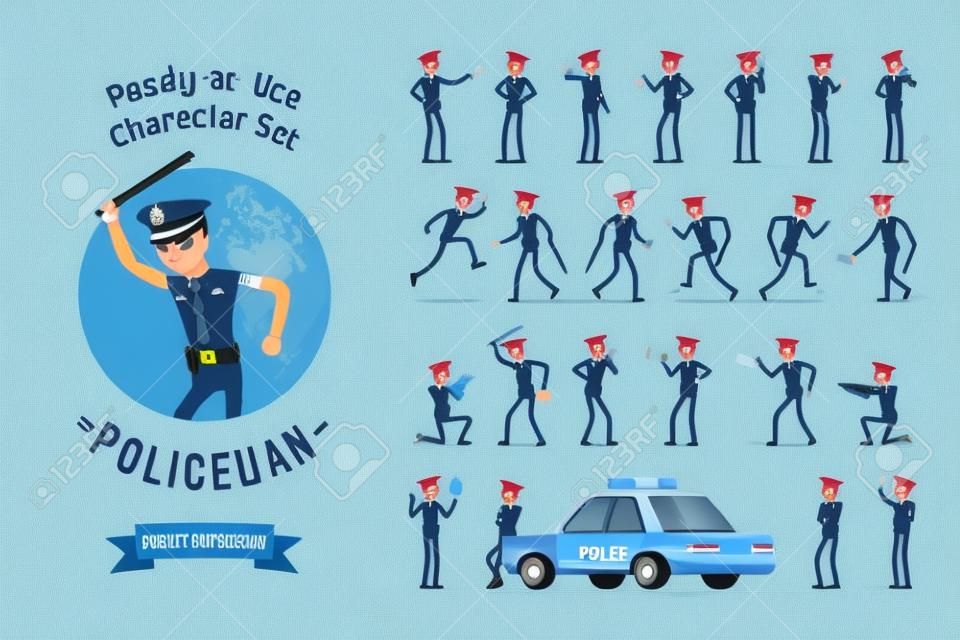 Policeman character ready-to-use character set. Young male officer in uniform on duty, city patrol on official car, street guard, full length, different views, gestures, emotions, front and rear view