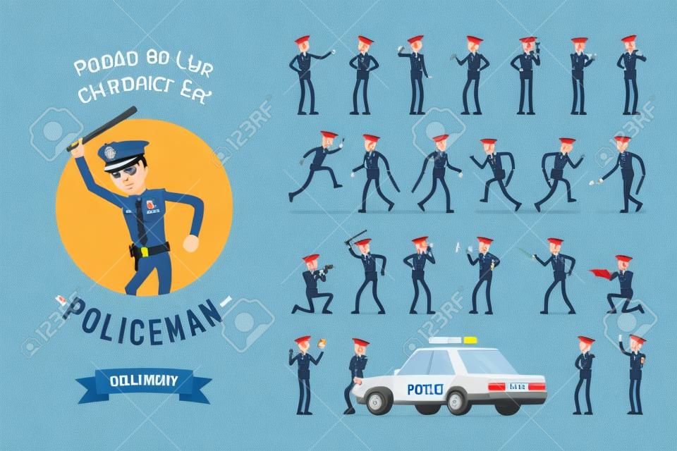 Policeman character ready-to-use character set. Young male officer in uniform on duty, city patrol on official car, street guard, full length, different views, gestures, emotions, front and rear view