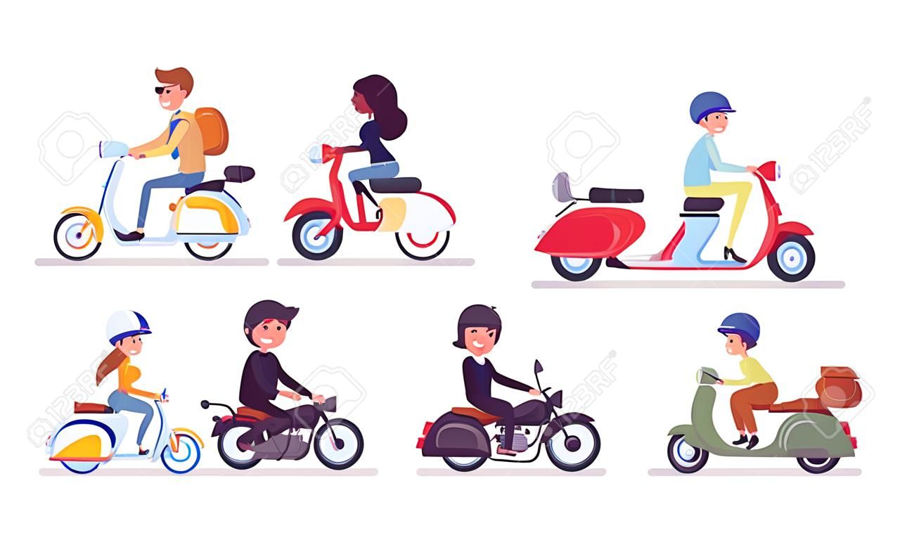 Conductores de motociclistas y scooters. Personas felices masculinas y femeninas que conducen diferentes vehículos de motor ligeros, motocicletas pequeñas para el deporte, la diversión, el trabajo, los negocios, la recreación en la ciudad. Ilustración de dibujos animados de estilo plano vectorial