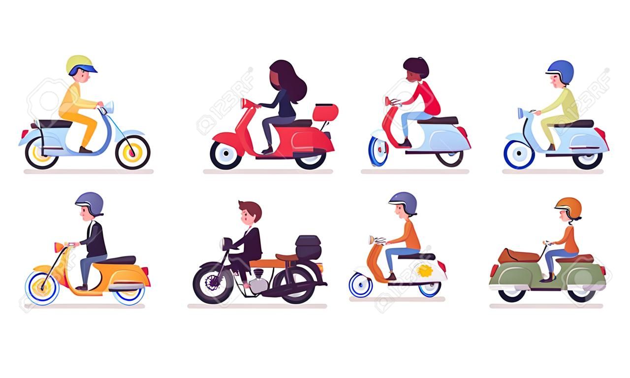 Biker and scooter drivers. Male, female happy persons riding different light motor vehicle, small motorcycles for sport, fun, work, business, recreation in city. Vector flat style cartoon illustration
