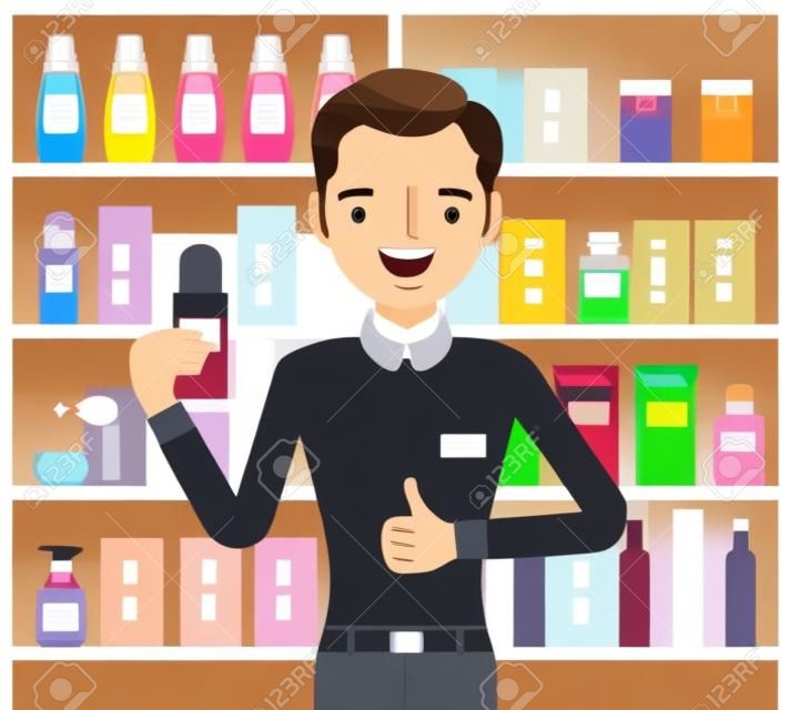 Perfume, cologne shop male employee, sales assistant. Smiling guy happy to help choosing, finding fragrance in a store. Vector flat style cartoon illustration, beauty product shelf display background