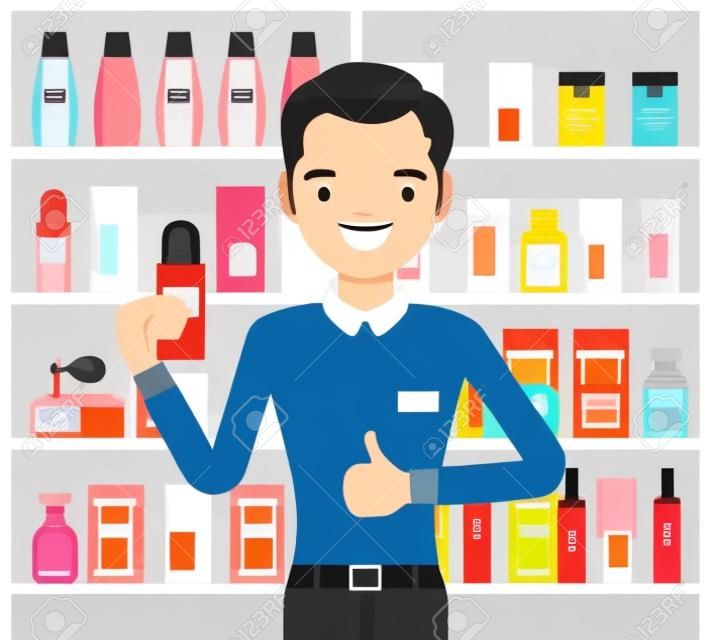 Perfume, cologne shop male employee, sales assistant. Smiling guy happy to help choosing, finding fragrance in a store. Vector flat style cartoon illustration, beauty product shelf display background
