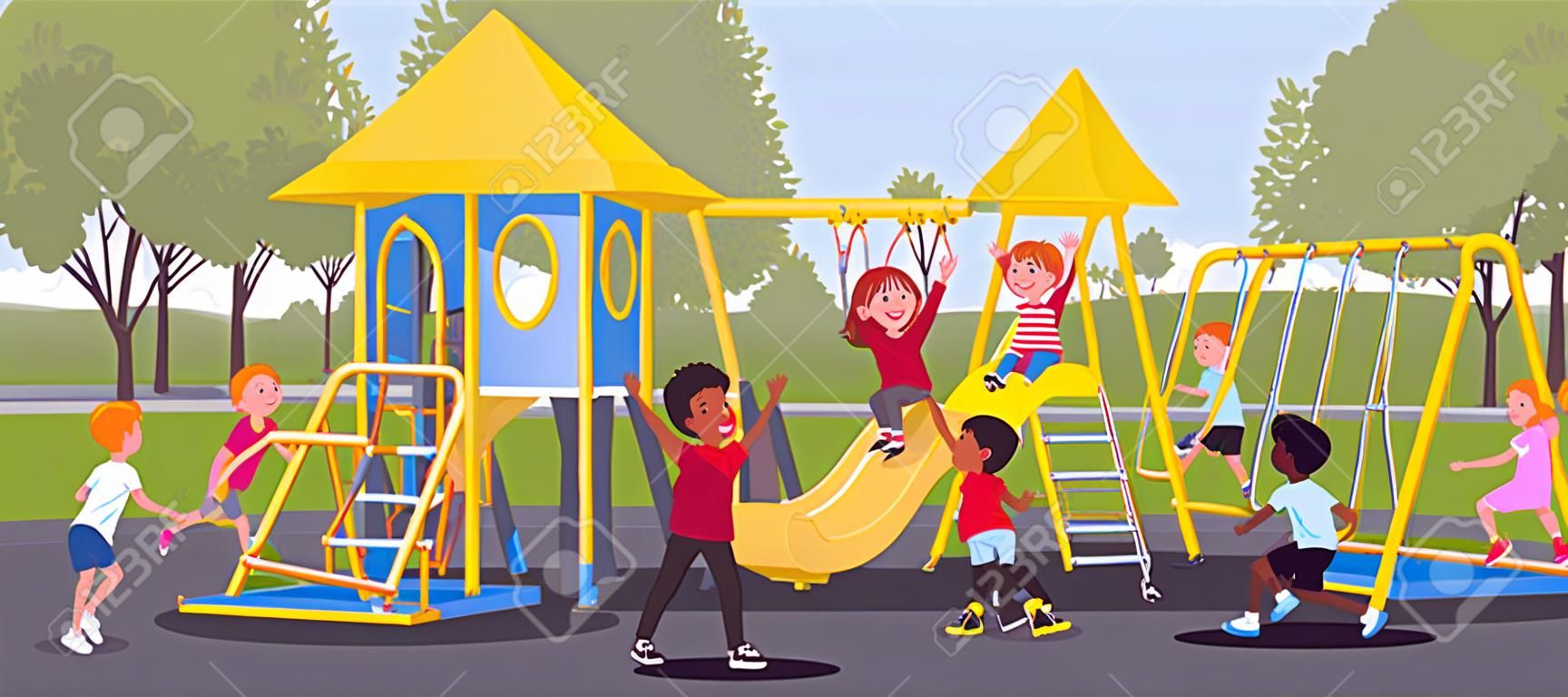 Happy kids playing in playground, leisure outside. Excited boys and girls, active children share fun with friends, outdoor bright park equipment for recreation. Vector flat style cartoon illustration