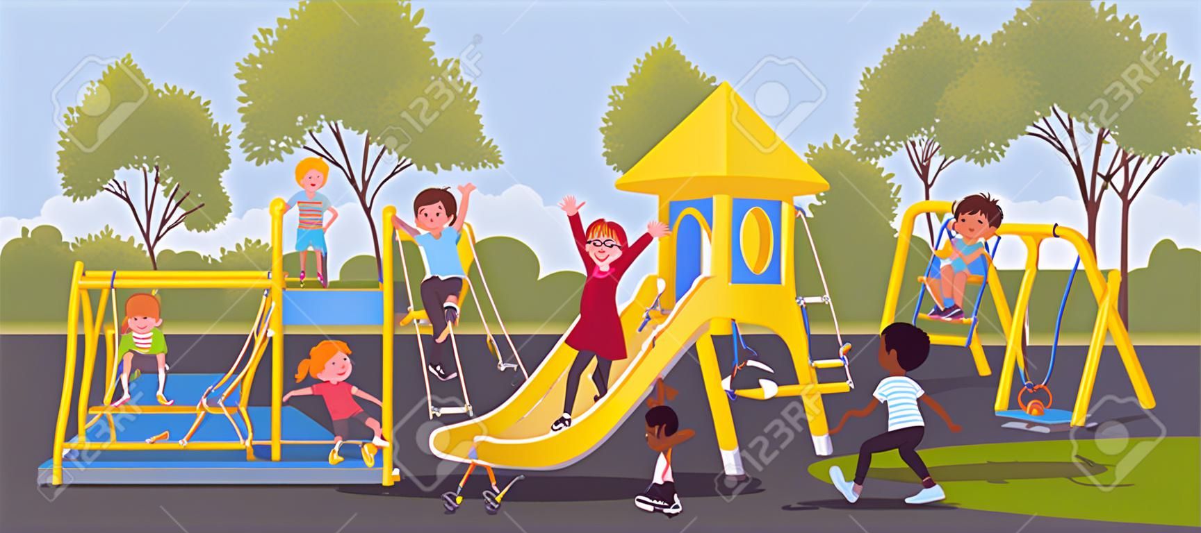 Happy kids playing in playground, leisure outside. Excited boys and girls, active children share fun with friends, outdoor bright park equipment for recreation. Vector flat style cartoon illustration