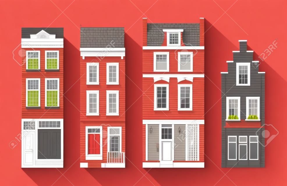 Townhouse set, slim, high houses with stepped gable, mansard rooftop. Beautiful building facade, attic to trade or store goods, vintage brick pattern design. Vector flat style cartoon illustration