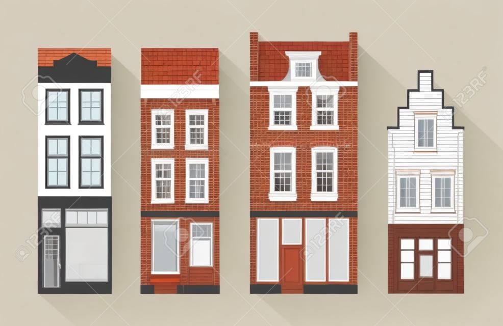 Townhouse set, slim, high houses with stepped gable, mansard rooftop. Beautiful building facade, attic to trade or store goods, vintage brick pattern design. Vector flat style cartoon illustration