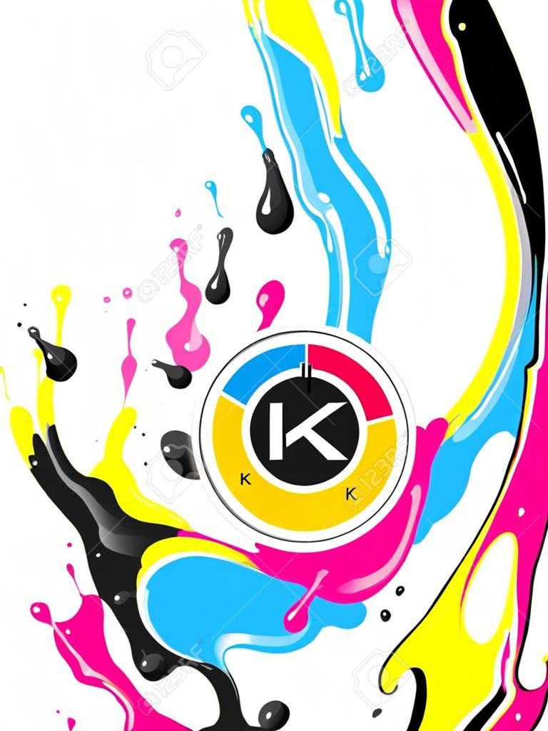 Conceptual illustration. Liquid CMYK paint move down with splashes and drops.