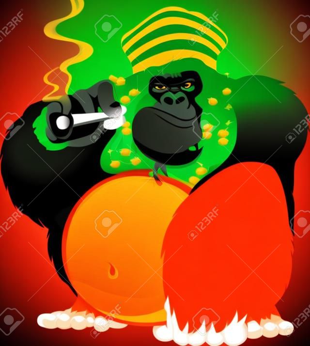 Vector illustration of gorilla Rastafarian smoking a cigarette