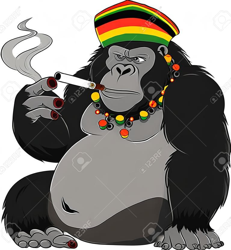 Vector illustration of gorilla Rastafarian smoking a cigarette