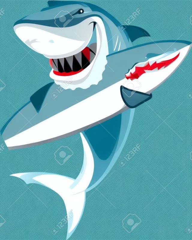 矢量插图有趣的白色鲨鱼与冲浪板