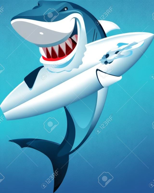 矢量插图有趣的白色鲨鱼与冲浪板