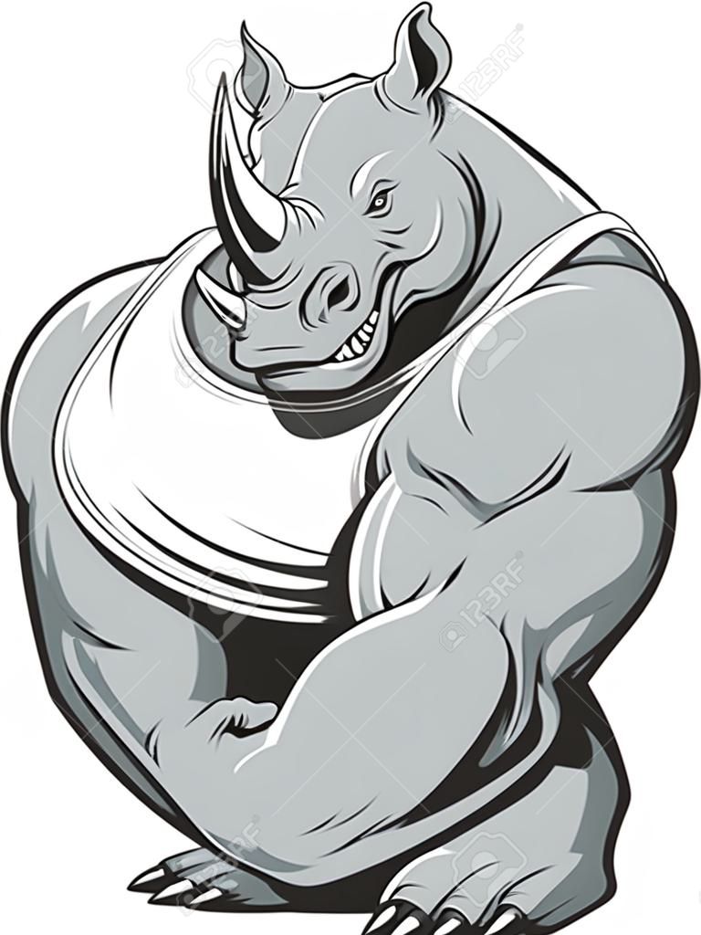 Векторная иллюстрация сильного носорога с большими бицепсами
