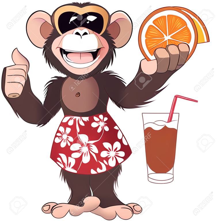 Vector illustration, chimpanzee holding a cocktail and smiling