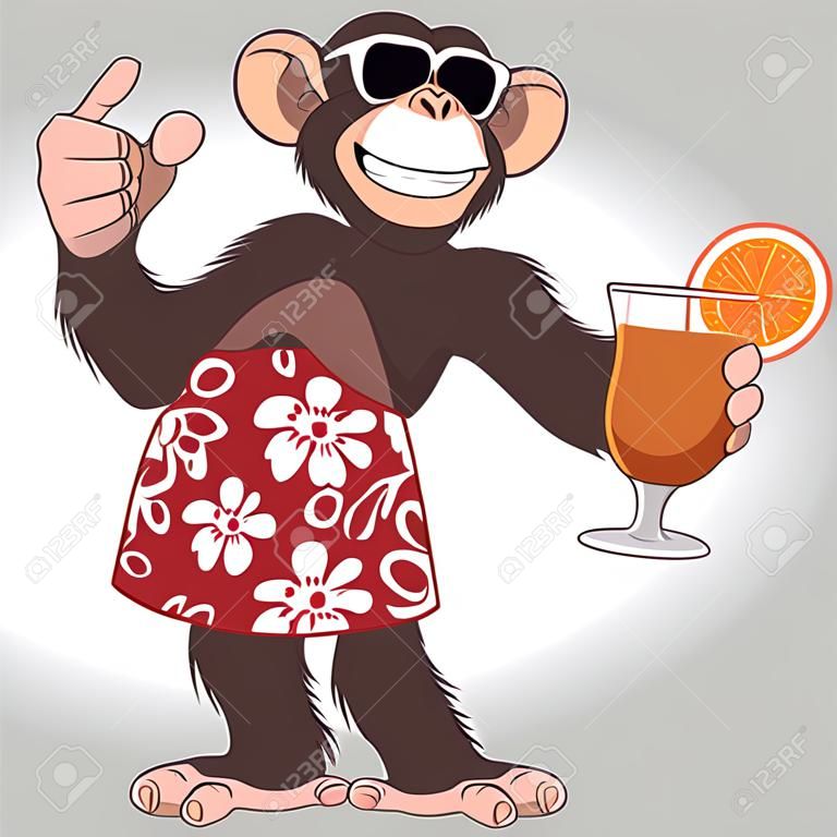 矢量插圖，黑猩猩拿著雞尾酒和微笑