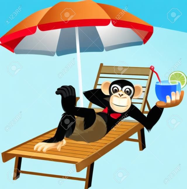 Vector illustration, singe couché sur une chaise longue et de boire un cocktail