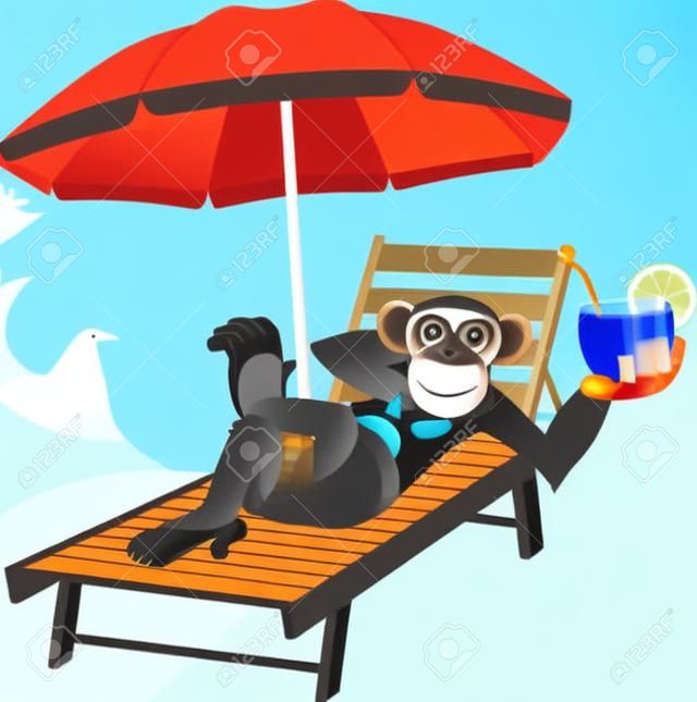 Vector illustration, singe couché sur une chaise longue et de boire un cocktail
