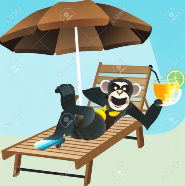 Векторная иллюстрация, обезьяна, лежа на шезлонге и пить коктейль