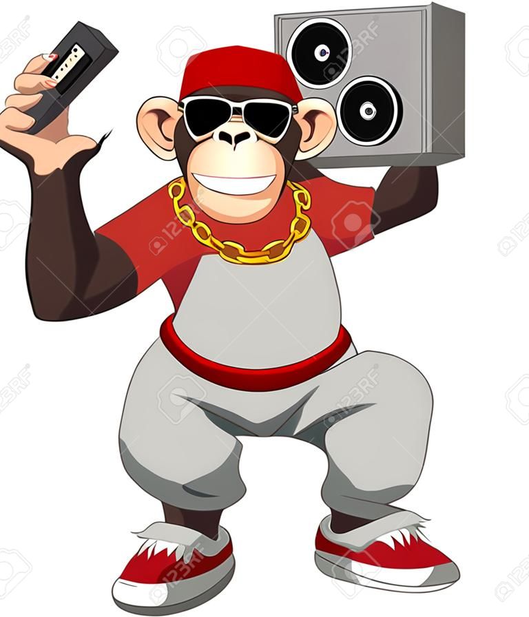 Illustrazione di vettore, divertente scimpanzé con un registratore a nastro