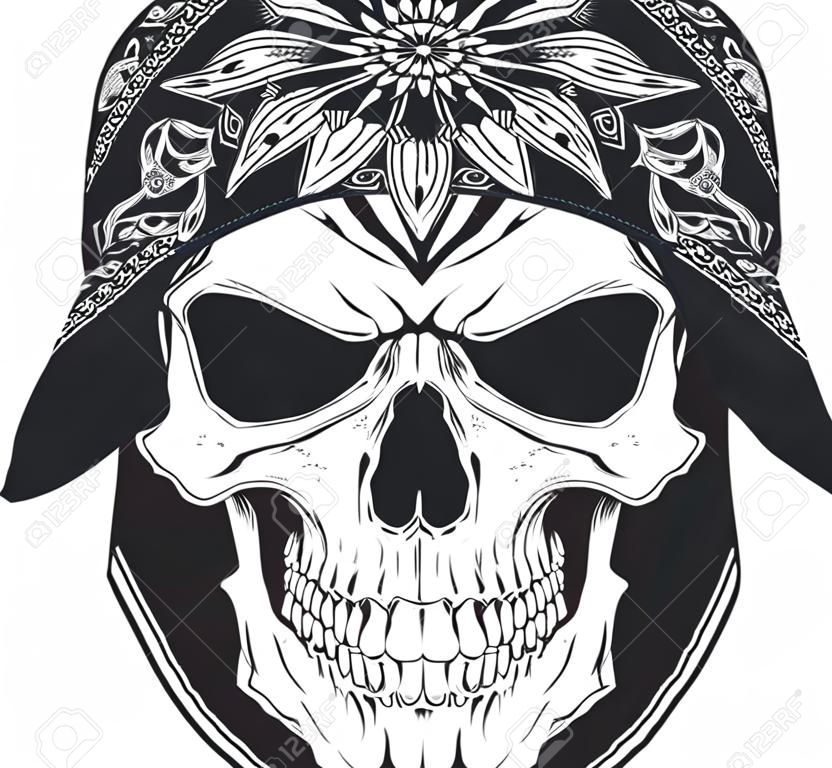 Vector illustration, human skull in bandana on white background